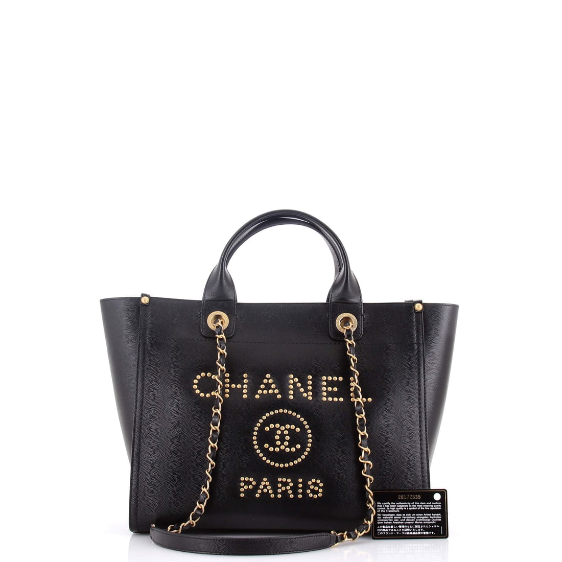 Chanel Deauville Tote Studded Caviar Small: From the ateliers of Chanel, this is no ordinary handbag it's a marvel. Featuring the iconic Chanel Deauville Tote Studded Caviar Small, its a testament to refined rebellion. The rich black palette