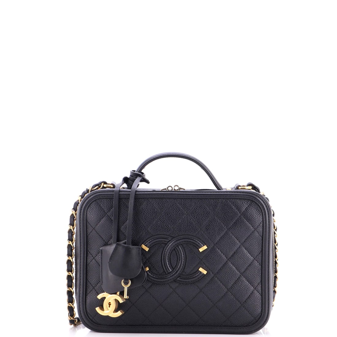 Chanel Filigree Vanity Case Quilted Caviar Large: Chanel delivers iconic form and fearless flair with this stunning creation. Featuring the iconic Chanel Filigree Vanity Case Quilted Caviar Large, its a testament to refined rebellion. The rich black