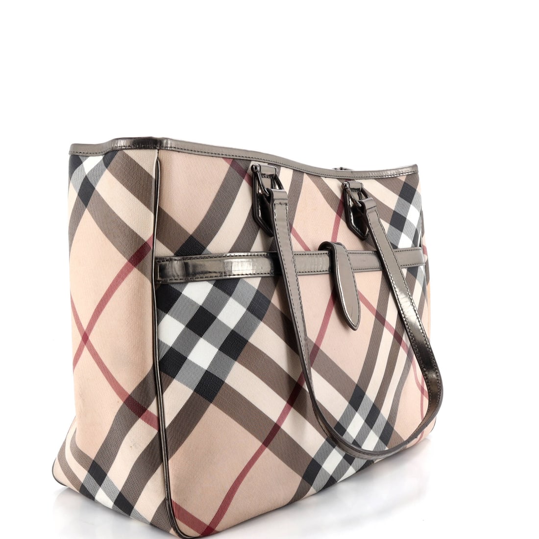 Burberry Nickie Tote Nova Check Coated Canvas Large: Lot 29 does not whisper - it purrs, struts, and gets noticed. Offered here as Burberry Burberry Nickie Tote Nova Check Coated Canvas Large, finished in Neutral; approx. 14.0 W x 12.0 H; 6.0 D. A
