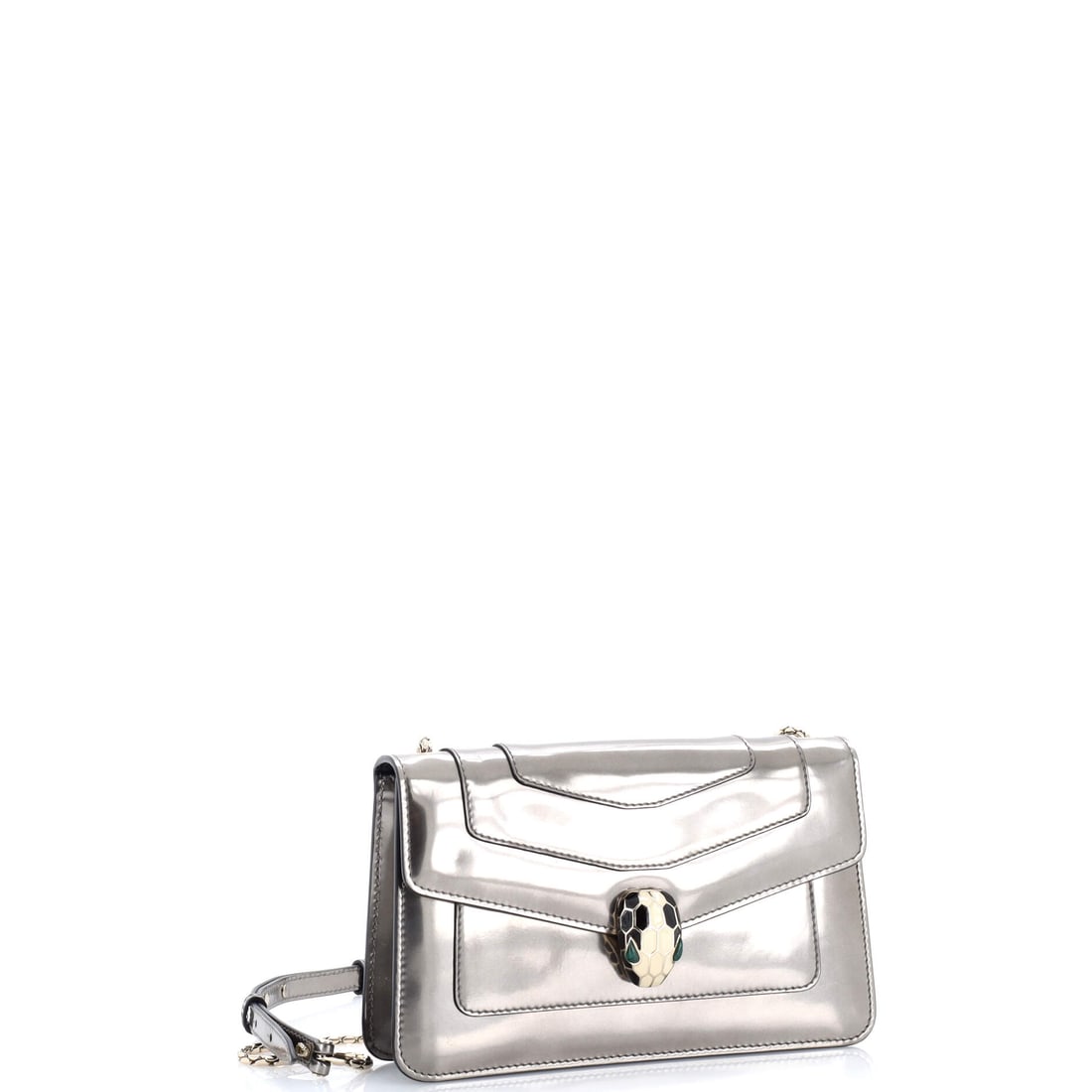 Bvlgari Serpenti Forever Shoulder Bag Metallic Leather Small: Lot 39 is a little bit cheeky, a lot bit chic. Offered here as Bvlgari Bvlgari Serpenti Forever Shoulder Bag Metallic Leather Small, finished in Metallic; approx. 8.5 W x 5.0 H; 2.0 D. A strong piece