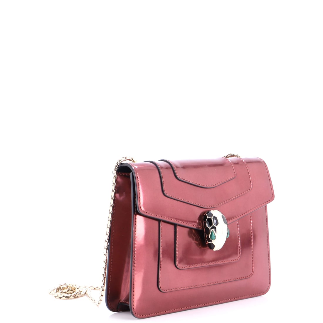Bvlgari Serpenti Forever Square Shoulder Bag Metallic Leather Small: Lot 41 channels the kind of quiet icon status Bvlgari does best. Offered here as Bvlgari Bvlgari Serpenti Forever Square Shoulder Bag Metallic Leather Small, finished in Red; approx. 7.5 W x 6.0 H;