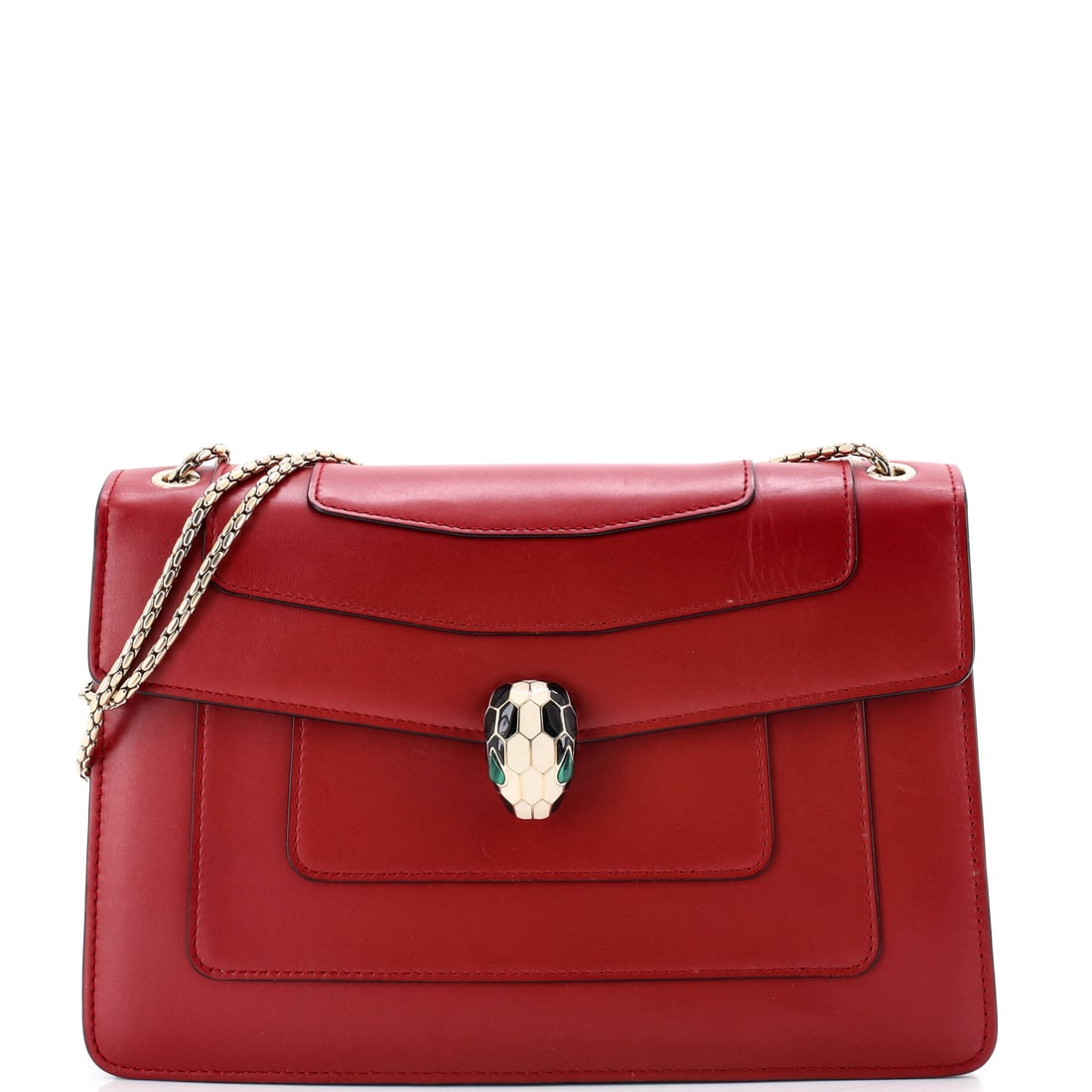 Bvlgari Serpenti Forever Square Shoulder Bag Leather Medium: Lot 42 is ready for airport chic and a dramatic entrance on arrival. Offered here as Bvlgari Bvlgari Serpenti Forever Square Shoulder Bag Leather Medium, finished in Red; approx. 10.0 W x 7.5 H; 4.0
