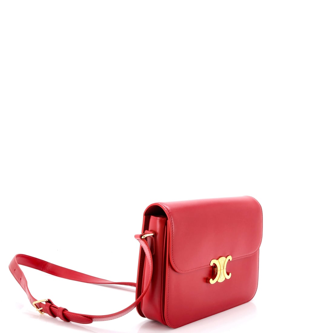 Celine Triomphe Shoulder Bag Smooth Calfskin Medium: Lot 77 is made for the days you want your outfit to do the talking. Offered here as Celine Celine Triomphe Shoulder Bag Smooth Calfskin Medium, finished in Red; approx. 8.5 W x 6.0 H; 3.0 D. It has th
