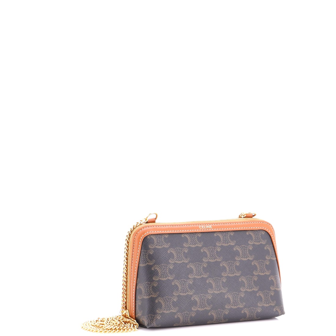 Celine Zip Around Chain Clutch Triomphe Coated Canvas: Lot 103 is all about the details: hardware, lines, and a sharp silhouette. Offered here as Celine Celine Zip Around Chain Clutch Triomphe Coated Canvas, finished in Brown; approx. 6.5 W x 4.0 H; 3.0