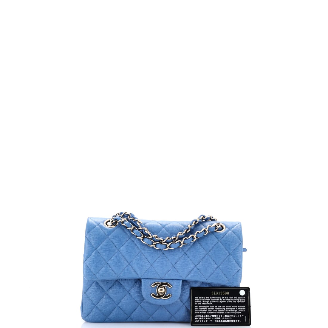 Chanel Classic Double Flap Bag Quilted Caviar Small: Lot 105 is an easy yes for anyone building a tight luxury edit. Offered here as Chanel Chanel Classic Double Flap Bag Quilted Caviar Small, finished in Blue; approx. 9.0 W x 5.5 H; 3.0 D. Equal parts