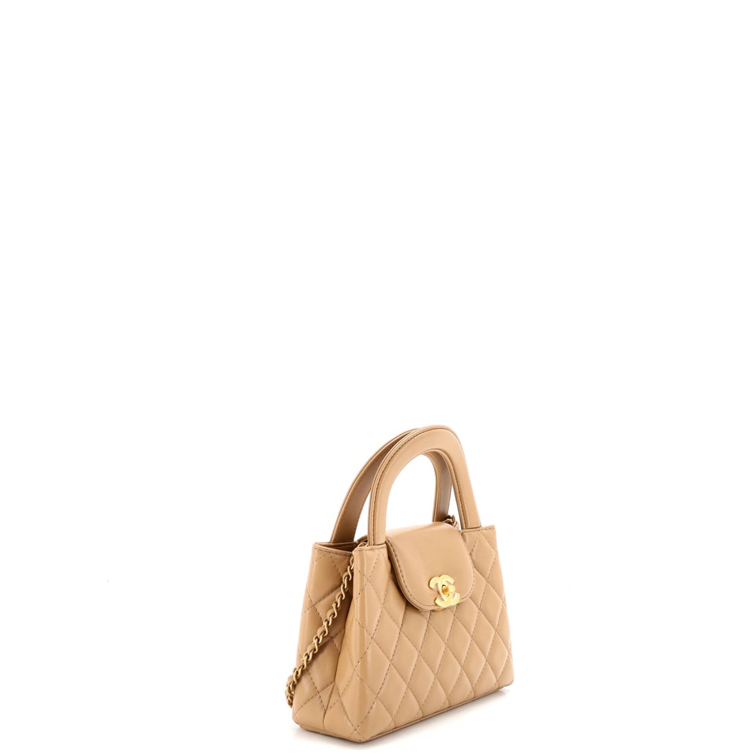 Chanel Kelly Top Handle Shopping Bag Quilted Shiny Aged Calfskin Mini: Lot 107 is the finishing touch that pulls everything together. Offered here as Chanel Chanel Kelly Top Handle Shopping Bag Quilted Shiny Aged Calfskin Mini, finished in Neutral; approx. 7.5 W x 5.0