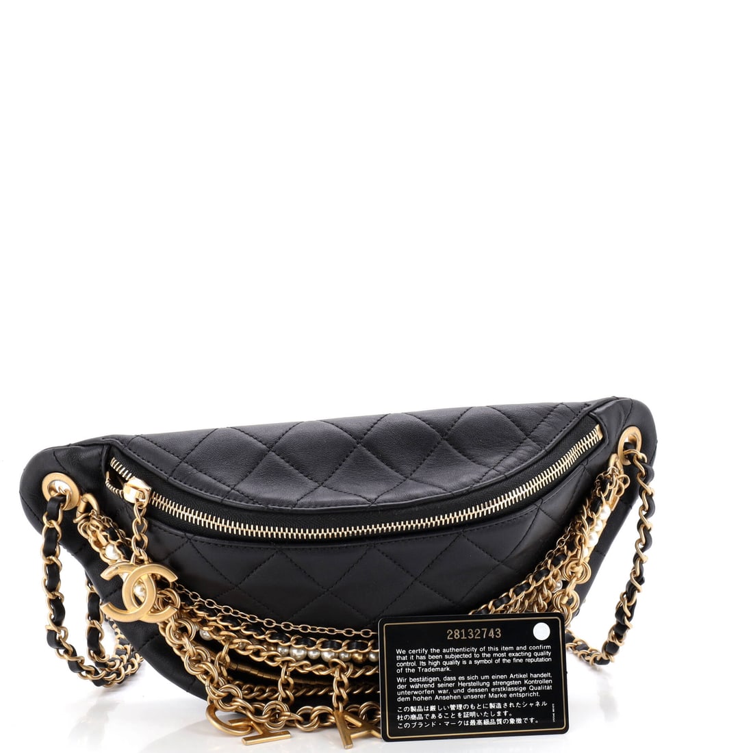 Chanel All About Chains Waist Bag Quilted Lambskin: Lot 119 is a little bit cheeky, a lot bit chic. Offered here as Chanel Chanel All About Chains Waist Bag Quilted Lambskin, finished in Black; approx. 13.0 W x 6.0 H; 3.0 D. A strong piece for collecto