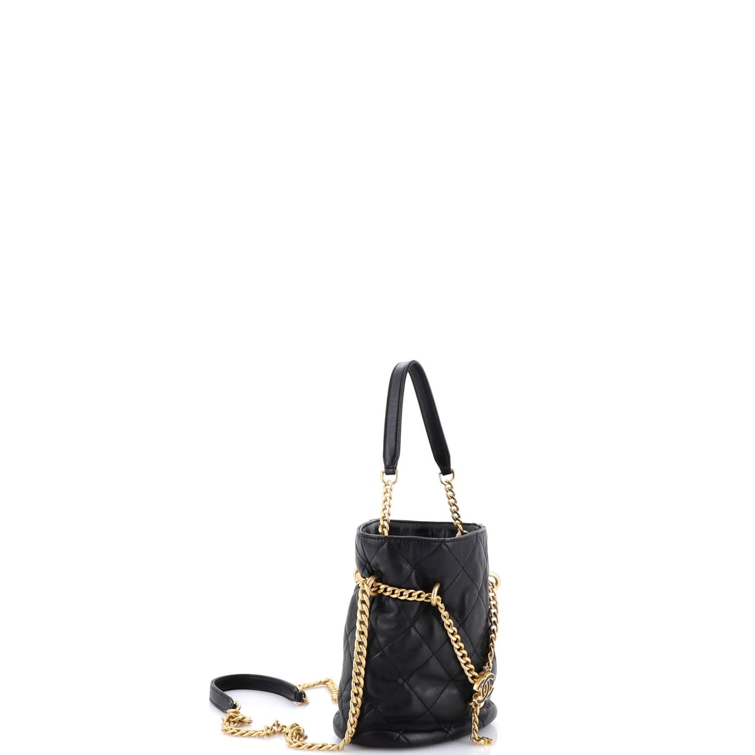 Chanel Pending CC Drawstring Bucket Bag Quilted Lambskin Small: Lot 138 is all about the details: hardware, lines, and a sharp silhouette. Offered here as Chanel Chanel Pending CC Drawstring Bucket Bag Quilted Lambskin Small, finished in Black; approx. 7.5 W x 7.0