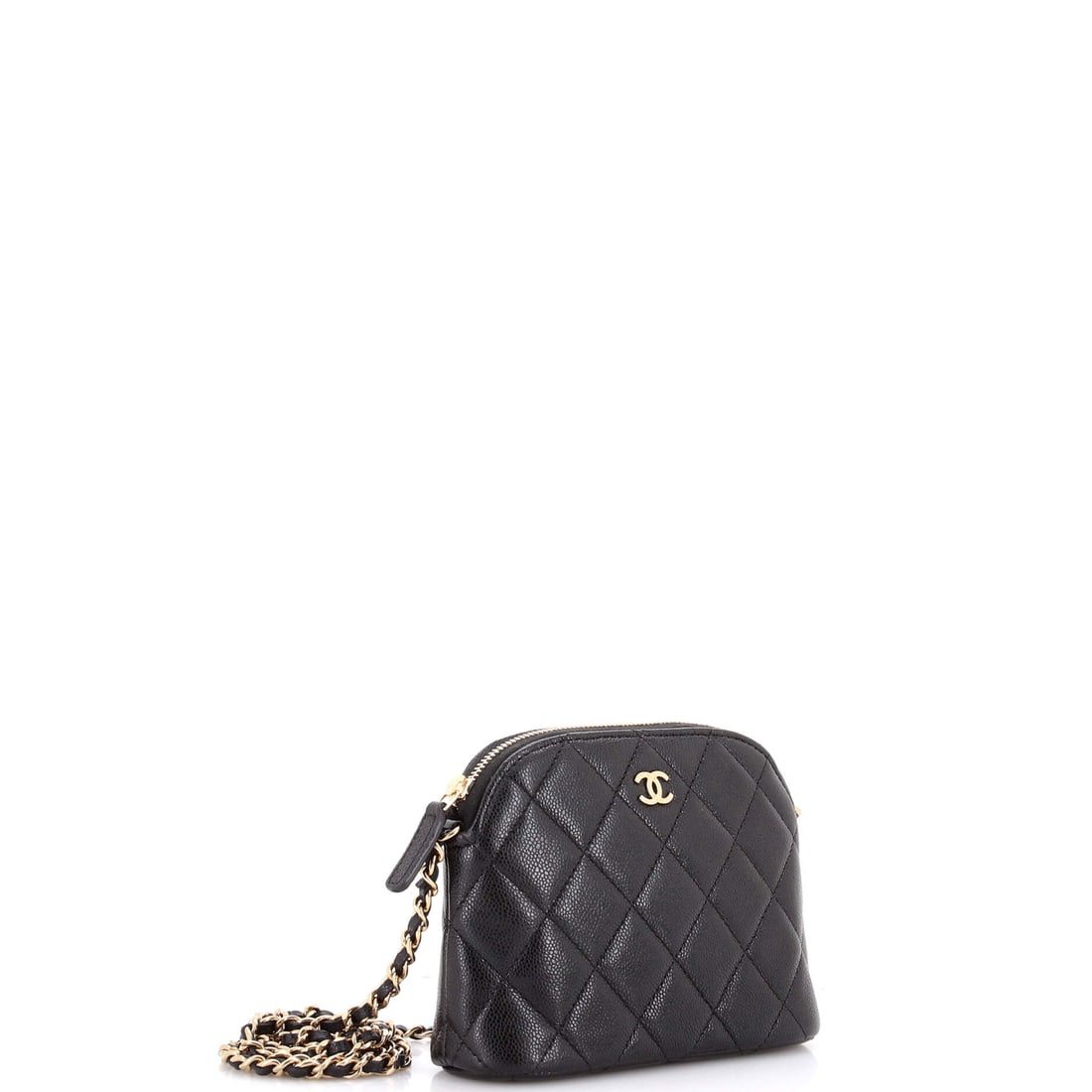 Chanel CC Dome Zip Clutch with Chain Quilted Caviar Mini: Lot 142 is ready for airport chic and a dramatic entrance on arrival. Offered here as Chanel Chanel CC Dome Zip Clutch with Chain Quilted Caviar Mini, finished in Black; approx. 6.0 W x 4.0 H; 2.0 D.