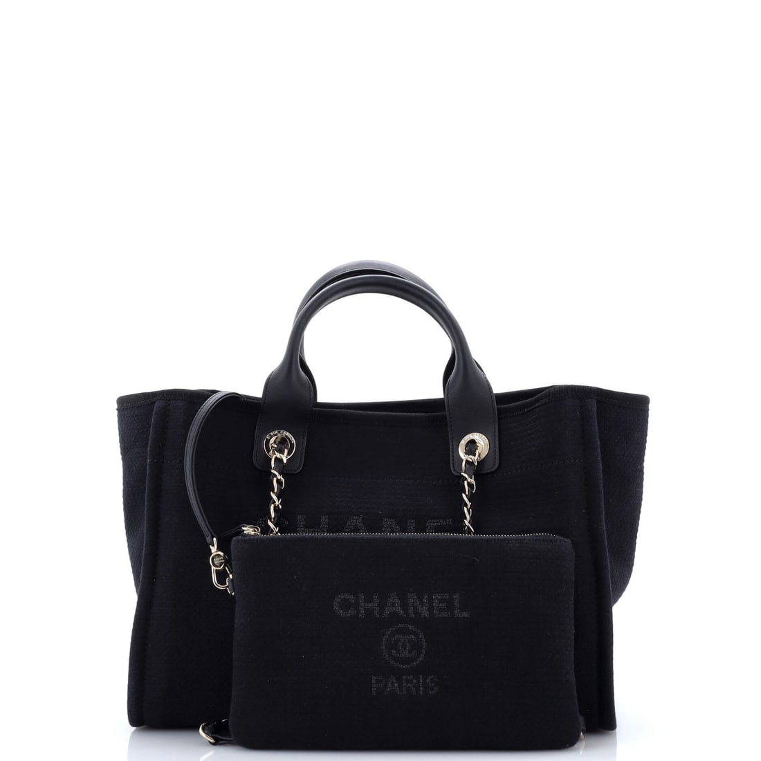 Chanel Deauville NM Tote Mixed Fibers Small: Lot 144 is here to steal the scene (politely, of course). Offered here as Chanel Chanel Deauville NM Tote Mixed Fibers Small, finished in Black; approx. 12.5 W x 9.5 H; 6.0 D. A strong piece for colle