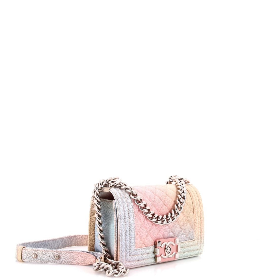 Chanel Rainbow Boy Flap Bag Quilted Painted Caviar Small: Lot 147 is made for the days you want your outfit to do the talking. Offered here as Chanel Chanel Rainbow Boy Flap Bag Quilted Painted Caviar Small, finished in Multicolor, Pink; approx. 8.0 W x 5.0