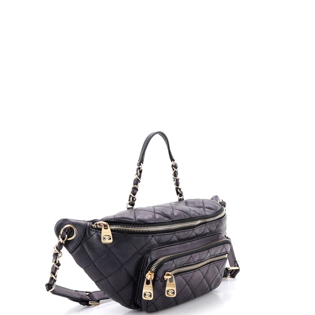 Chanel All About Waist Bag Quilted Iridescent Calfskin Medium: Lot 151 puts Chanel craftsmanship front and center. Offered here as Chanel Chanel All About Waist Bag Quilted Iridescent Calfskin Medium, finished in Black; approx. 14.5 W x 6.0 H; 2.0 D. Think of it