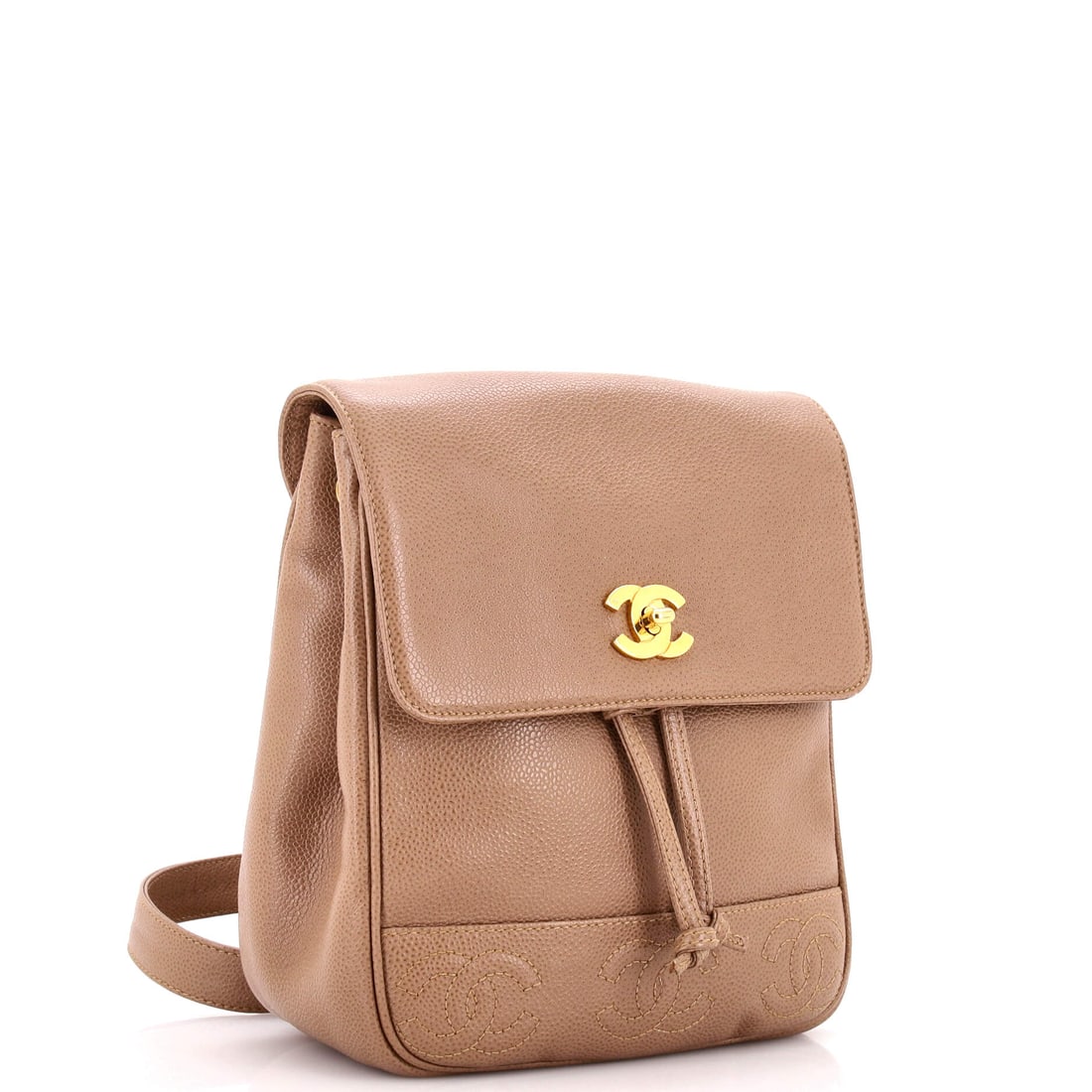 Chanel Vintage Triple Stitched CC Flap Backpack Caviar Small: Lot 159 does not whisper - it purrs, struts, and gets noticed. Offered here as Chanel Chanel Vintage Triple Stitched CC Flap Backpack Caviar Small, finished in Neutral; approx. 8.2 W x 9.2 H; 3.8 D. A