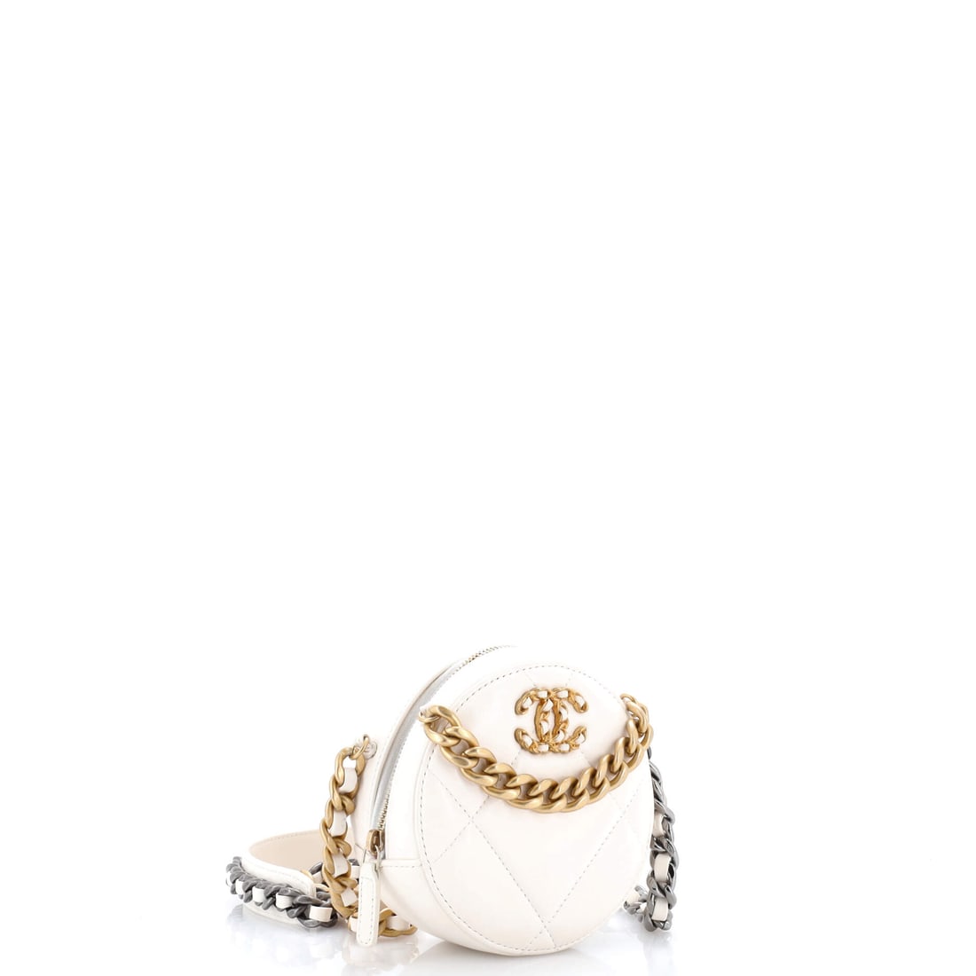Chanel 19 Round Clutch with Chain Quilted Leather: Lot 182 belongs on your arm for dinner, then straight to the afters. Offered here as Chanel Chanel 19 Round Clutch with Chain Quilted Leather, finished in White; approx. 5.0 W x 5.0 H; 2.0 D. It has t