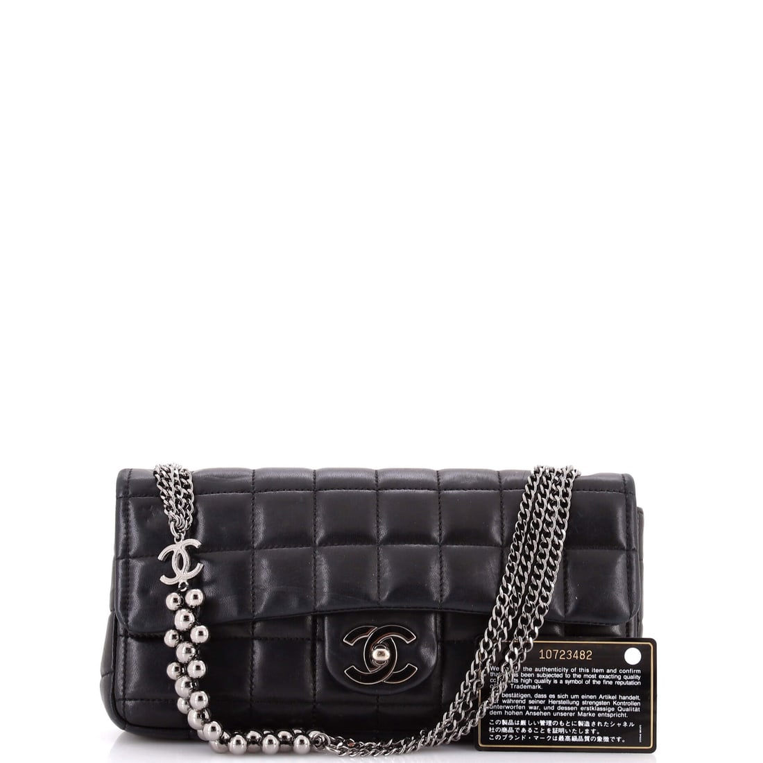 Chanel Chocolate Bar CC Beaded Multichain Flap Bag Quilted Lambskin East West: Lot 191 puts Chanel craftsmanship front and center. Offered here as Chanel Chanel Chocolate Bar CC Beaded Multichain Flap Bag Quilted Lambskin East West, finished in Black; approx. 10.0 W x 5.0 H; 1.5
