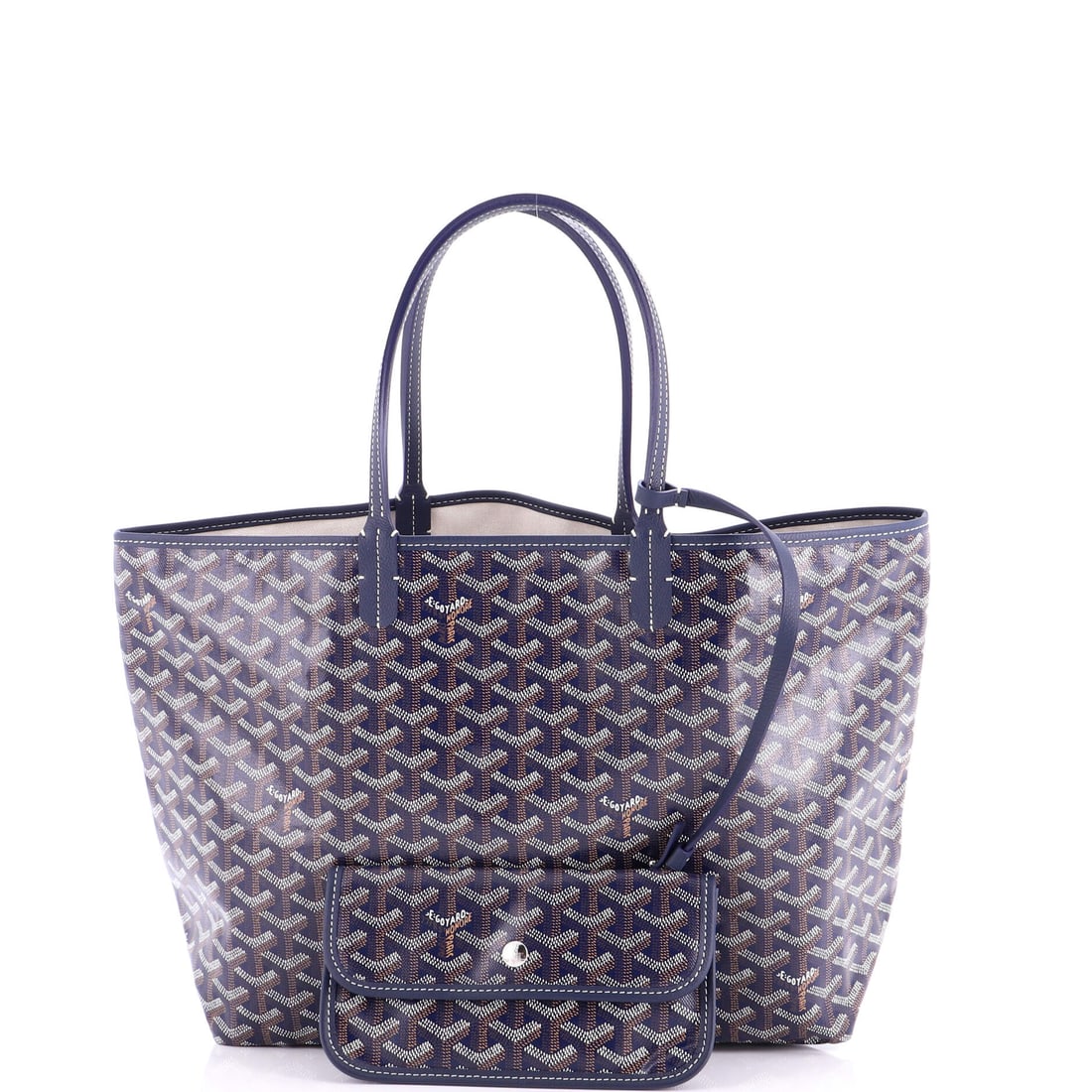 Goyard Saint Louis Tote Coated Canvas PM: Lot 297 belongs on your arm for dinner, then straight to the afters. Offered here as Goyard Goyard Saint Louis Tote Coated Canvas PM, finished in Blue; approx. 13.0 W x 11.0 H; 6.0 D. It has that inst