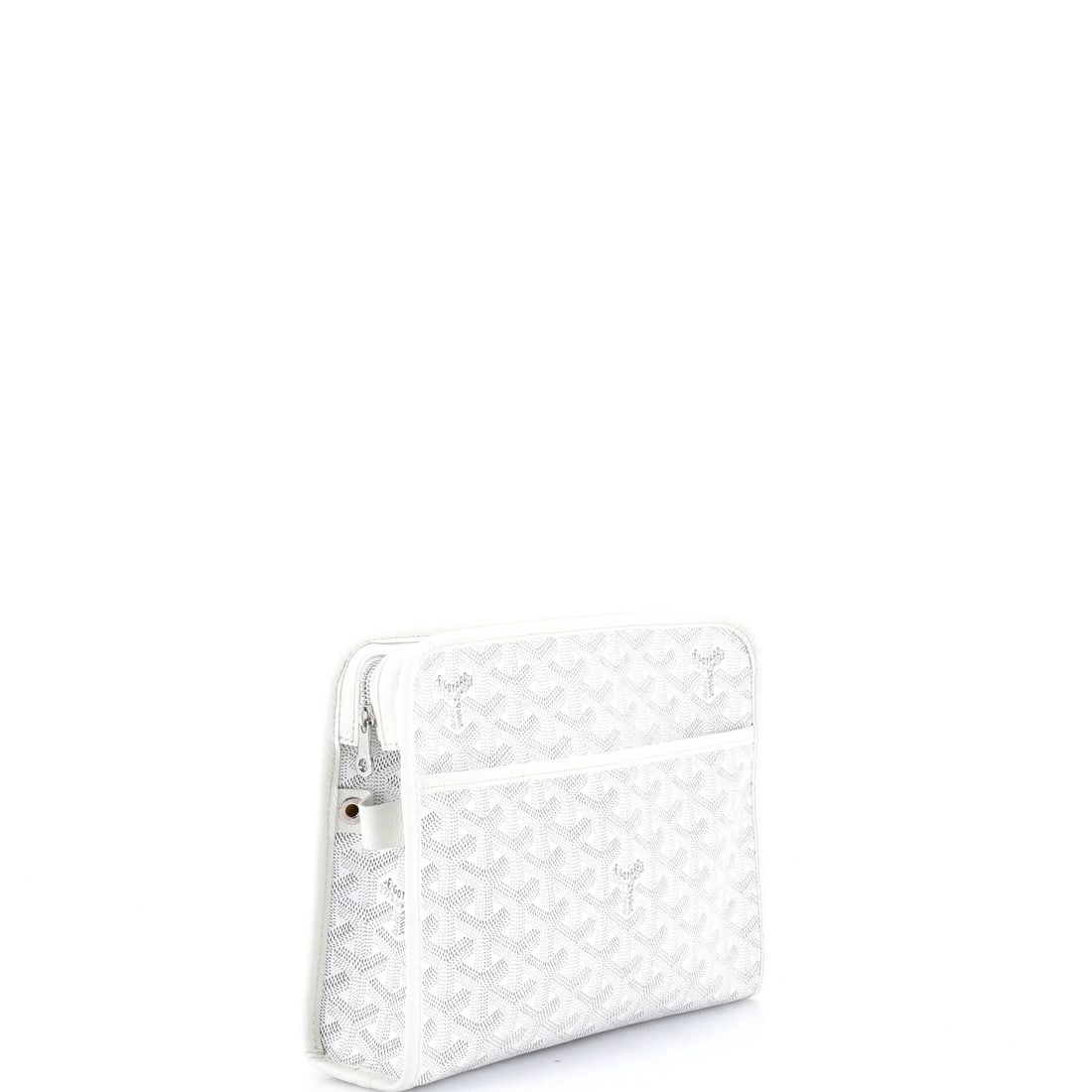 Goyard Jouvence Toiletry Pouch Coated Canvas MM: Lot 308 is all about the details: hardware, lines, and a sharp silhouette. Offered here as Goyard Goyard Jouvence Toiletry Pouch Coated Canvas MM, finished in White; approx. 10.0 W x 7.5 H; 2.5 D. All