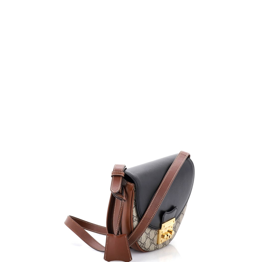 Gucci Padlock Saddle Shoulder Bag GG Coated Canvas and Leather Medium: Lot 332 is the finishing touch that pulls everything together. Offered here as Gucci Gucci Padlock Saddle Shoulder Bag GG Coated Canvas and Leather Medium, finished in Brown; approx. 10.0 W x 8.0 H; 3