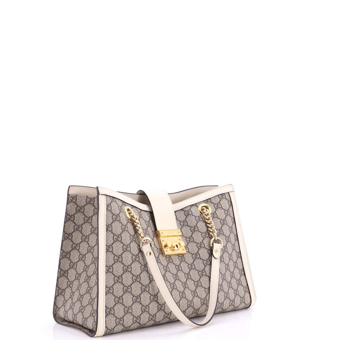 Gucci Padlock Chain Tote GG Coated Canvas with Leather Medium: Lot 354 does not whisper - it purrs, struts, and gets noticed. Offered here as Gucci Gucci Padlock Chain Tote GG Coated Canvas with Leather Medium, finished in Brown; approx. 13.5 W x 9.0 H; 6.0 D. A