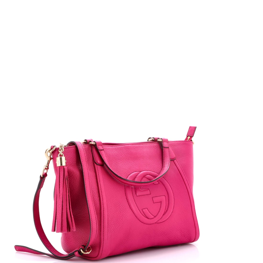 Gucci Soho Convertible Top Handle Bag Leather Small: Lot 386 puts Gucci craftsmanship front and center. Offered here as Gucci Gucci Soho Convertible Top Handle Bag Leather Small, finished in Pink; approx. 10.0 W x 9.0 H; 5.0 D. Think of it as Gucci in o