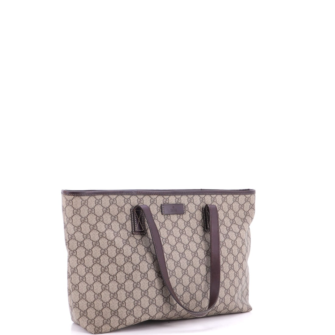 Gucci Plus Tote GG Coated Canvas with Leather Medium: Lot 390 is a smart buy-now-keep-forever kind of piece. Offered here as Gucci Gucci Plus Tote GG Coated Canvas with Leather Medium, finished in Brown; approx. 14.0 W x 11.0 H; 5.0 D. Equal parts practi