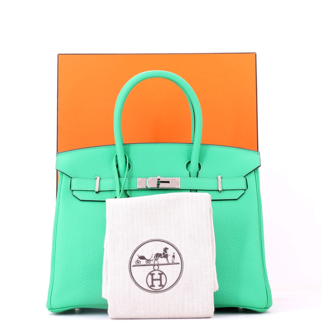 Hermes Birkin Handbag Green Togo with Palladium Hardware 30: Lot 422 is ready for airport chic and a dramatic entrance on arrival. Offered here as Hermes Hermes Birkin Handbag Green Togo with Palladium Hardware 30, finished in Green; approx. 12.0 W x 9.0 H; 6.0