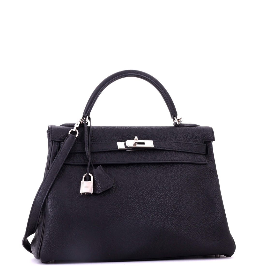Hermes Kelly Handbag Black Togo with Palladium Hardware 32: Lot 435 is a smart buy-now-keep-forever kind of piece. Offered here as Hermes Hermes Kelly Handbag Black Togo with Palladium Hardware 32, finished in Black; approx. 12.5 W x 9.0 H; 4.0 D. Equal parts