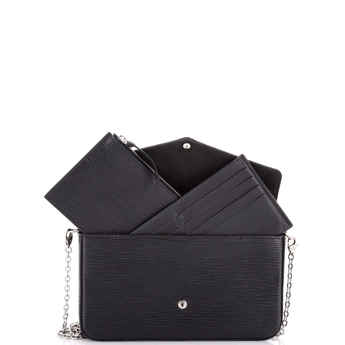 Louis Vuitton Felicie Pochette Epi Leather: Lot 648 is all about the details: hardware, lines, and a sharp silhouette. Offered here as Louis Vuitton Louis Vuitton Felicie Pochette Epi Leather, finished in Black; approx. 8.0 W x 4.5 H; 2.0 D.