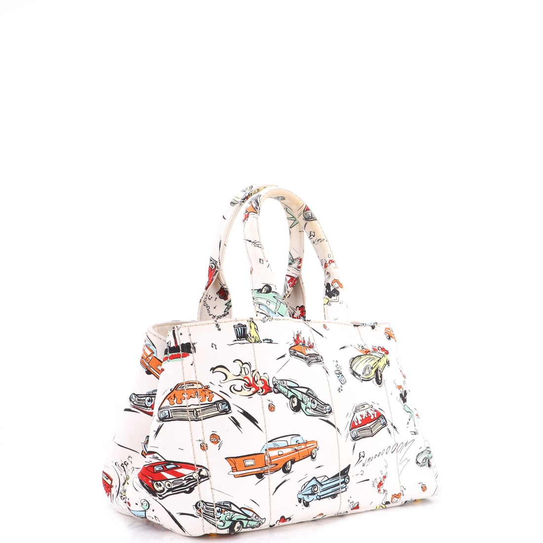Prada Canapa Convertible Tote Printed Canvas Medium: Lot 754 is here to steal the scene (politely, of course). Offered here as Prada Prada Canapa Convertible Tote Printed Canvas Medium, finished in Neutral, Print; approx. 14.0 W x 9.0 H; 8.0 D. A strong
