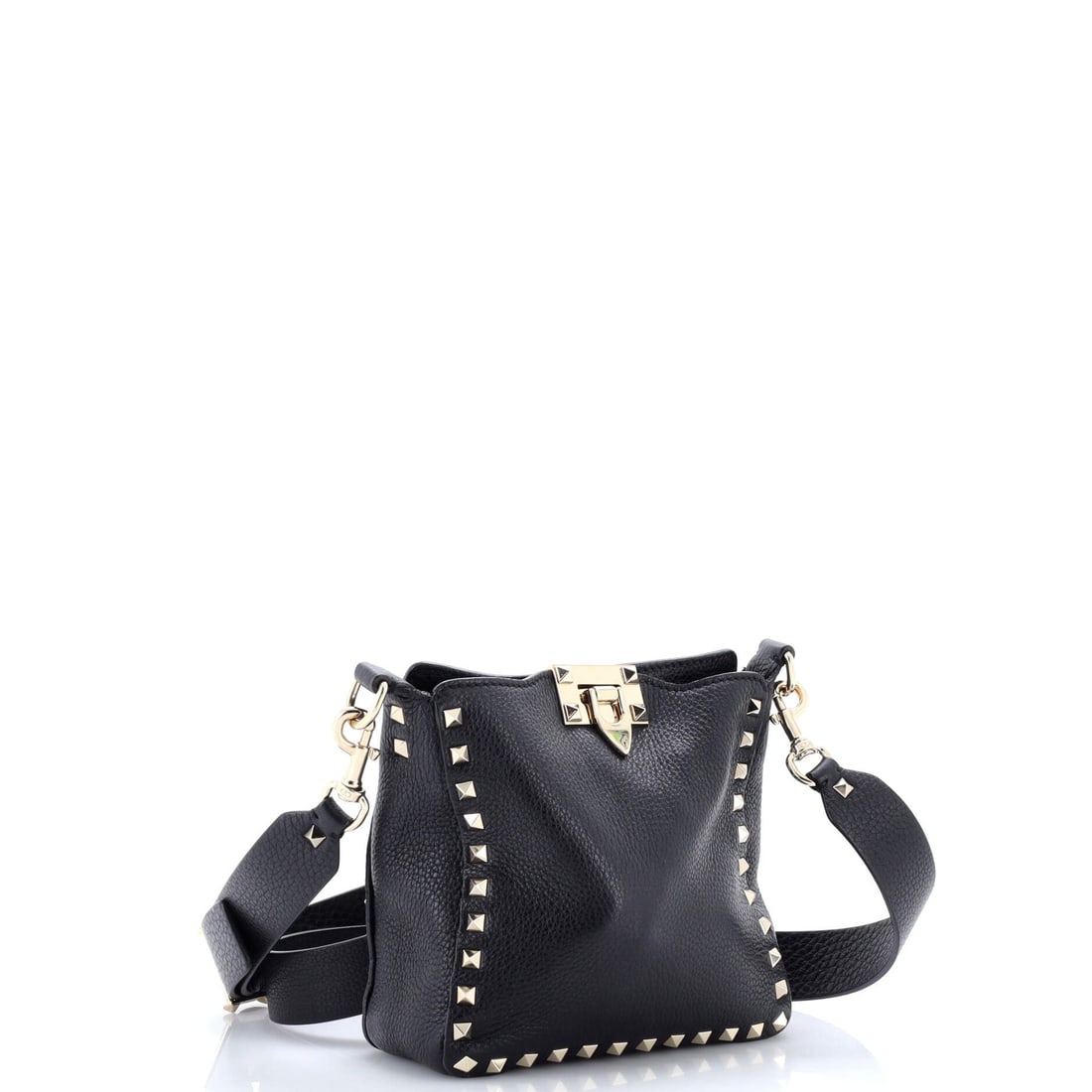 Valentino Garavani Rockstud Flip Lock Messenger Bag Leather Mini: Lot 801 puts Valentino Garavani craftsmanship front and center. Offered here as Valentino Garavani Valentino Garavani Rockstud Flip Lock Messenger Bag Leather Mini, finished in Black; approx. 7.5 W x