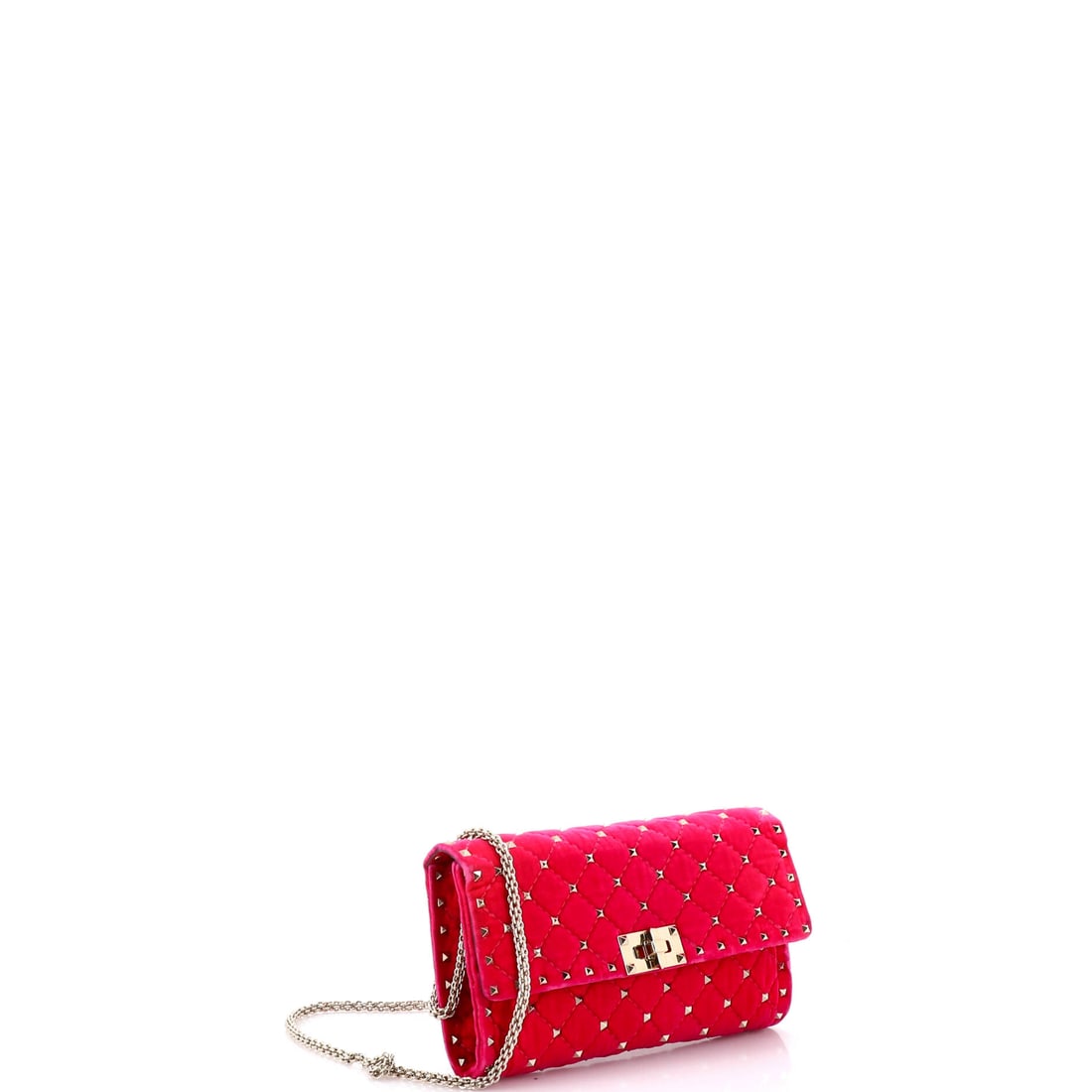 Valentino Garavani Rockstud Spike Wallet on Chain Quilted Velvet Small: Lot 803 is all about the details: hardware, lines, and a sharp silhouette. Offered here as Valentino Garavani Valentino Garavani Rockstud Spike Wallet on Chain Quilted Velvet Small, finished in Pink;