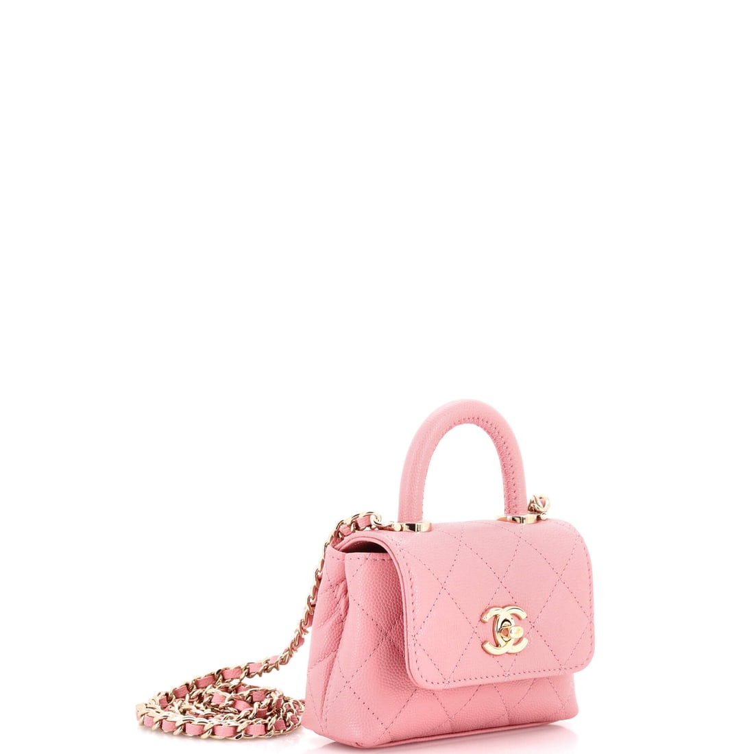 Chanel Coco Top Handle Clutch with Chain Quilted Caviar: The Parisian fashion icon does not do ordinary. The Coco Top Handle Clutch with Chain Quilted Caviar in Pink makes that abundantly clear -- a clutch in Caviar where each decision reflects a standard t