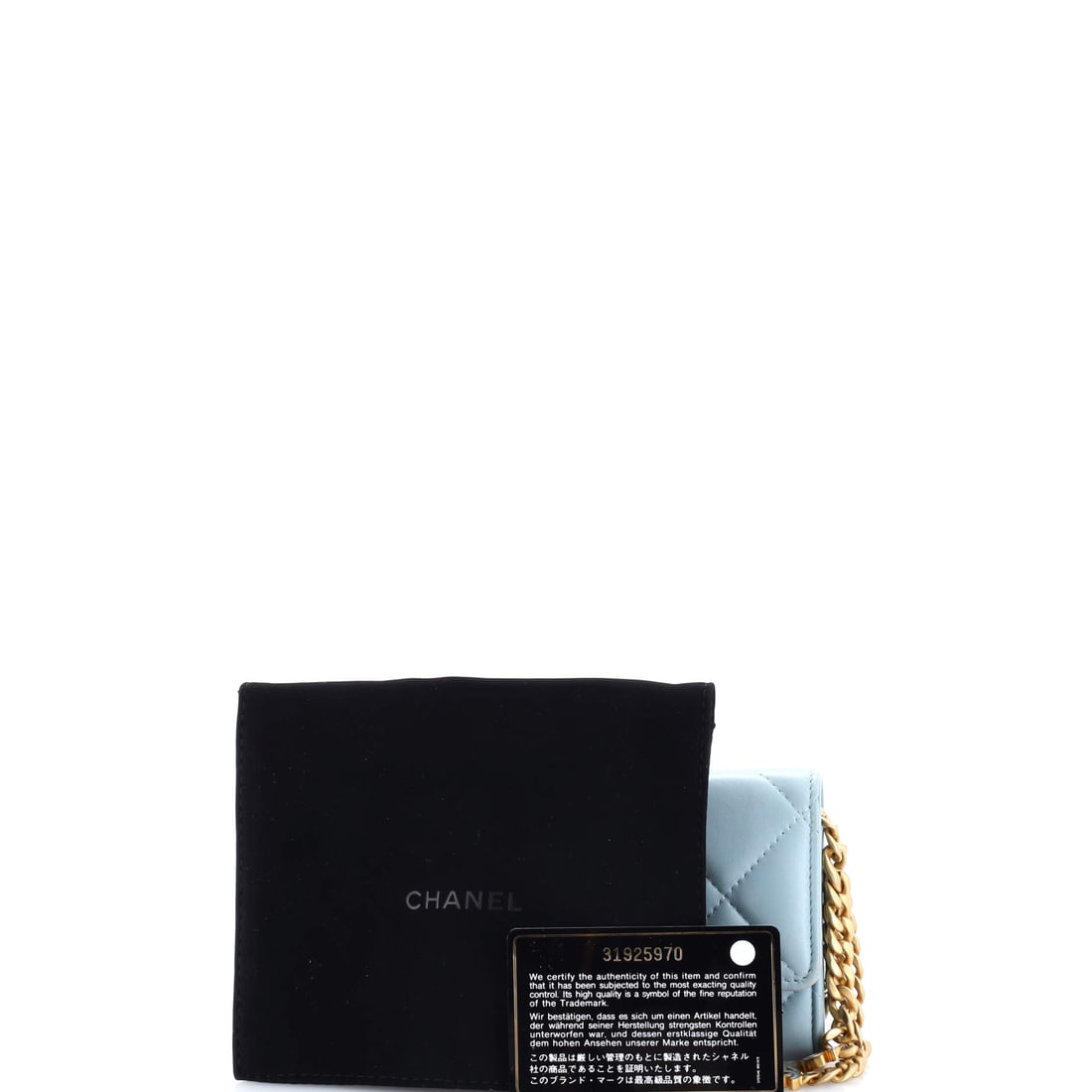 Chanel Pending CC Card Holder on Chain Quilted Lambskin: An exceptional Lambskin, Lambskin wallet deserves to be carried, not kept. The Chanel Pending CC Card Holder on Chain Quilted Lambskin in Blue brings the quiet confidence that only genuinely exception