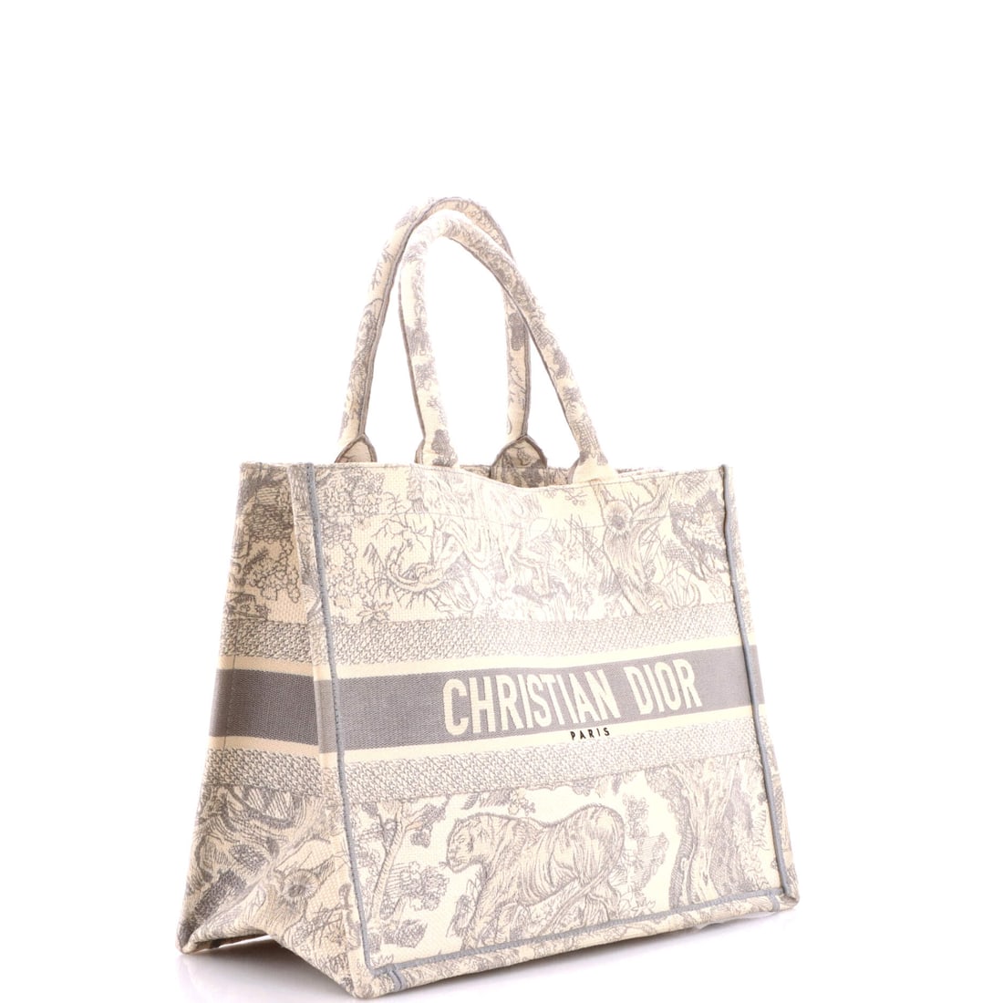 Christian Dior Book Tote Embroidered Canvas Medium: There are totes, and then there are Christian Dior totes. The Book Tote Embroidered Canvas Medium in Gray, Print falls firmly in the latter -- a piece that embodies feminine sophistication and every s