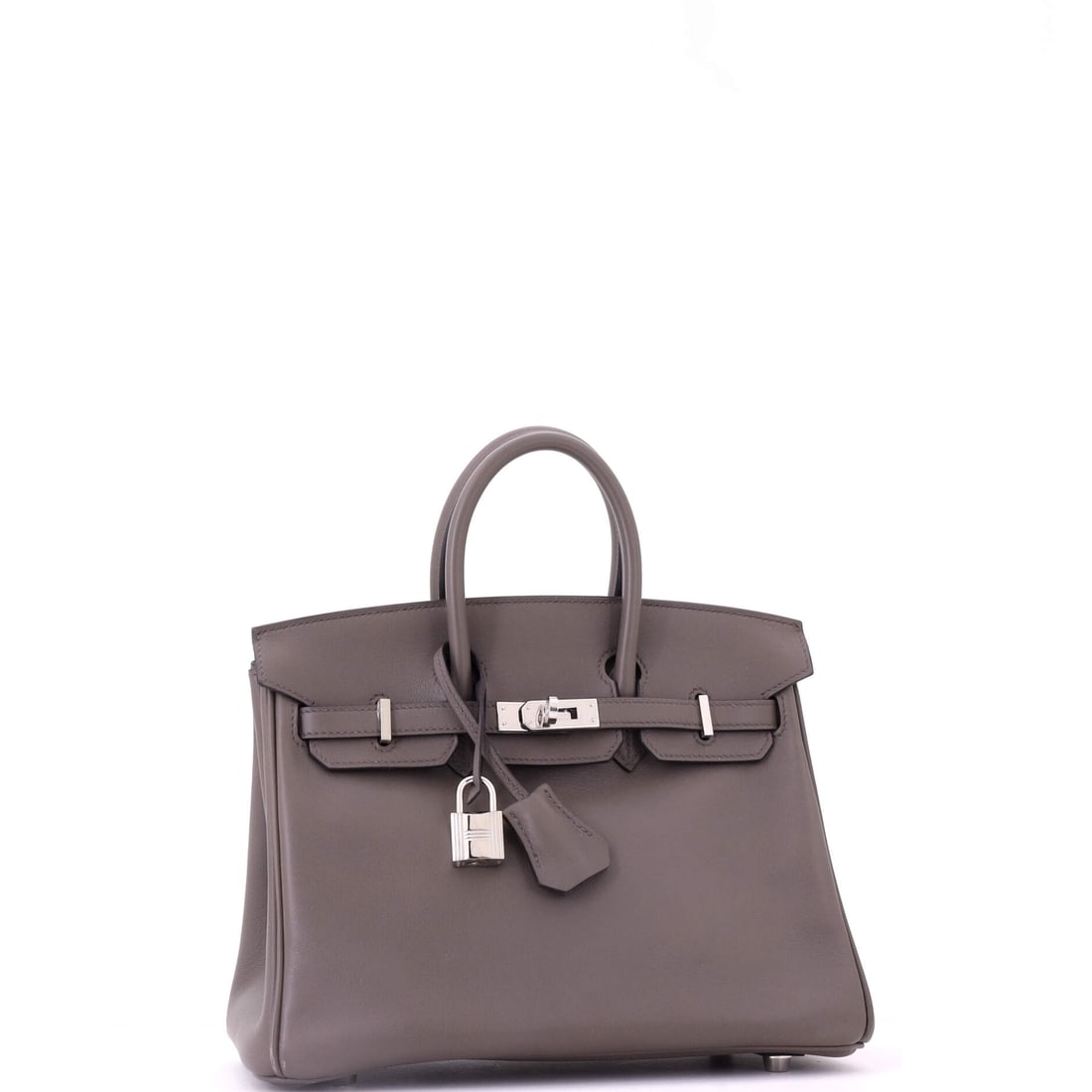 Hermes Birkin Handbag Grey Swift with Palladium Hardware 25: Acquire it today. Reach for it always. The Hermes Birkin Handbag Grey Swift with Palladium Hardware 25 in Gray is a fine materials bag that holds its stature as confidently as it holds your essentials