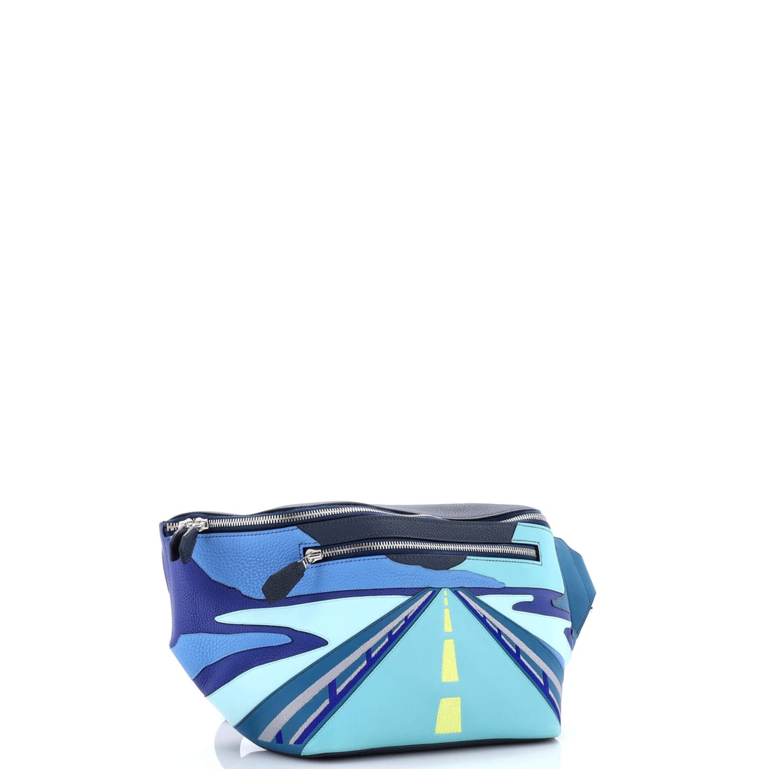 Hermes Endless Road Cityslide Belt Bag Togo with Swift and Clemence GM: For the collector who looks beyond the obvious: the Hermes Endless Road Cityslide Belt Bag Togo with Swift and Clemence GM in Blue. This large-format fine materials belt bag from the pinnacle of luxur