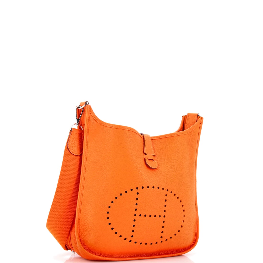 Hermes Evelyne Bag Gen III Clemence PM: A Hermes Evelyne Bag Gen III Clemence PM in Orange does not require an occasion -- it creates one. This compact fine materials bag is the work of the pinnacle of luxury craftsmanship at its most self-