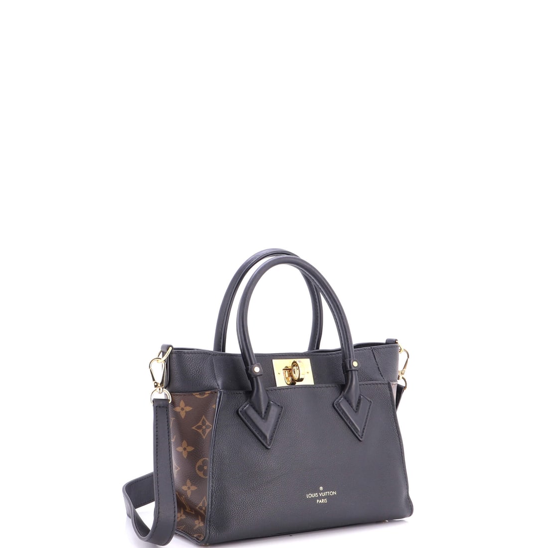 Louis Vuitton On My Side Tote Leather with Monogram Canvas PM: Rarely does a tote reward repeated first glances the way the Louis Vuitton On My Side Tote Leather with Monogram Canvas PM in Black, Brown does. In Leather, Canvas, compact proportioned, and meticulou