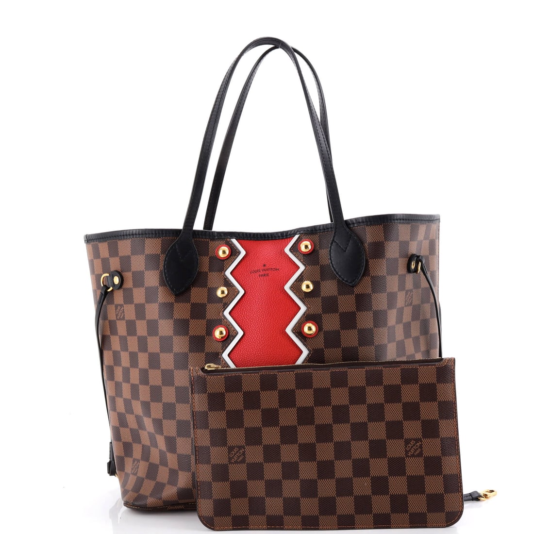 Louis Vuitton Neverfull NM Tote Limited Edition Damier Karakoram MM: Acquire it today. Reach for it always. The Louis Vuitton Neverfull NM Tote Limited Edition Damier Karakoram MM in Brown, Red is a mid-size fine materials tote that holds its stature as confidently as