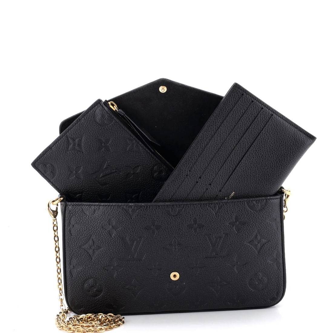 Louis Vuitton Felicie Pochette Monogram Empreinte Leather: The Louis Vuitton Felicie Pochette Monogram Empreinte Leather in Black occupies that rare category of object that functions beautifully and looks extraordinary. In Leather, scaled for real life, it