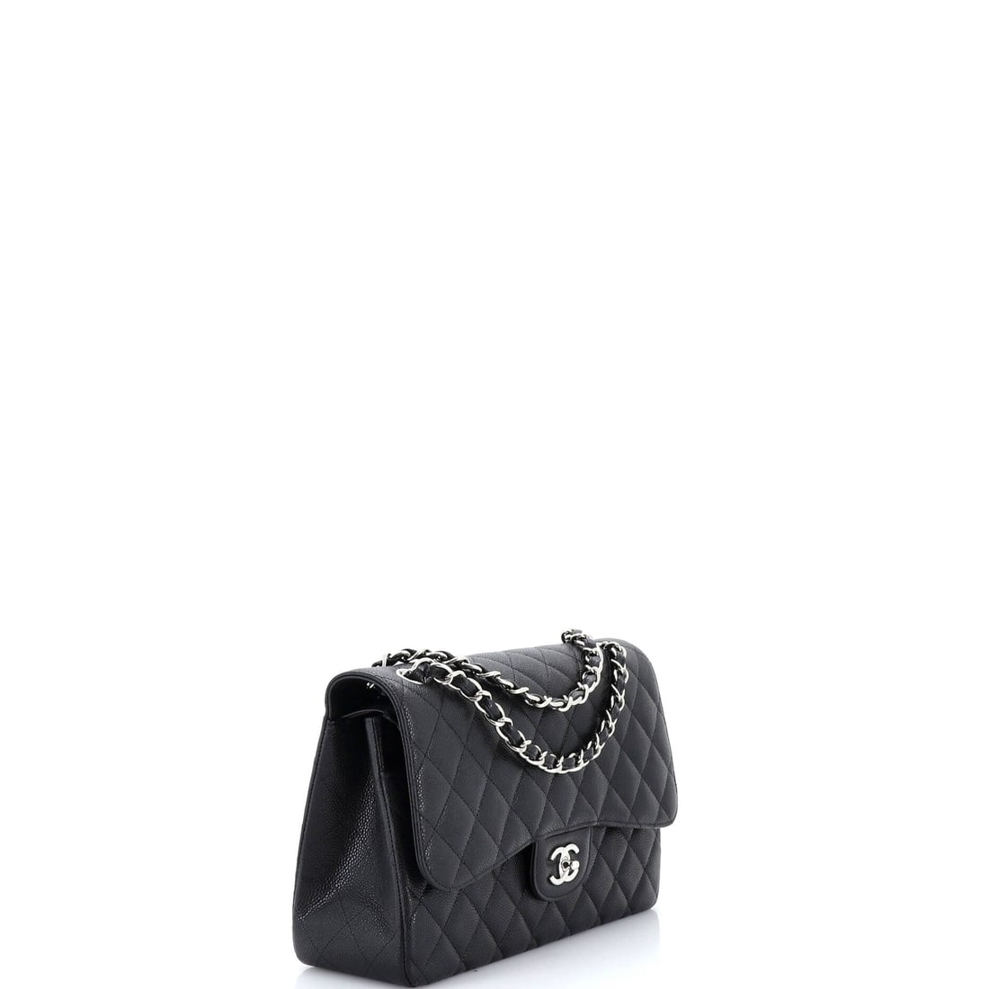 Chanel Classic Double Flap Bag Quilted Caviar Jumbo: Chanel has devoted considerable energy to perfecting couture precision. The Classic Double Flap Bag Quilted Caviar Jumbo in Black -- a bag in Caviar -- is the eloquent result: no detail overlooked, no