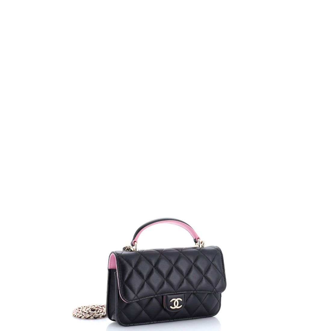 Chanel Classic Top Handle Flap Phone Holder with Chain Quilted Lambskin: The Chanel Classic Top Handle Flap Phone Holder with Chain Quilted Lambskin: proof that the best things in life reward patience and discernment. This top handle bag arrives in Black in Lambskin, Lambs