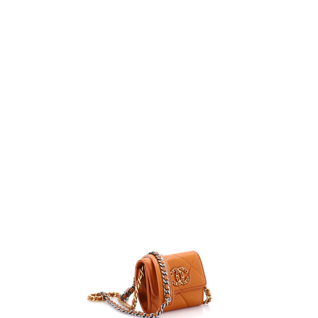 Chanel 19 Flap Coin Purse With Chain Quilted Leather: Precise where it matters, relaxed where it counts: the Chanel 19 Flap Coin Purse With Chain Quilted Leather in Orange is a study in considered proportion. This Leather bag pairs the Parisian fashion i