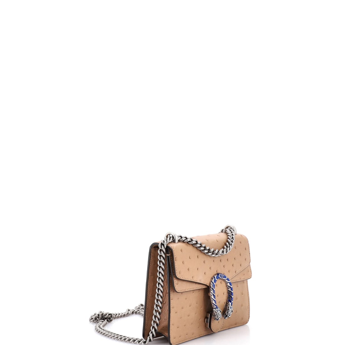 Gucci Dionysus Bag Ostrich Mini: Compact Ostrich bag deserves to be carried, not kept. The Gucci Dionysus Bag Ostrich Mini in Neutral brings the quiet confidence that only genuinely exceptional objects project. Measuring 6.0" H x 7.5