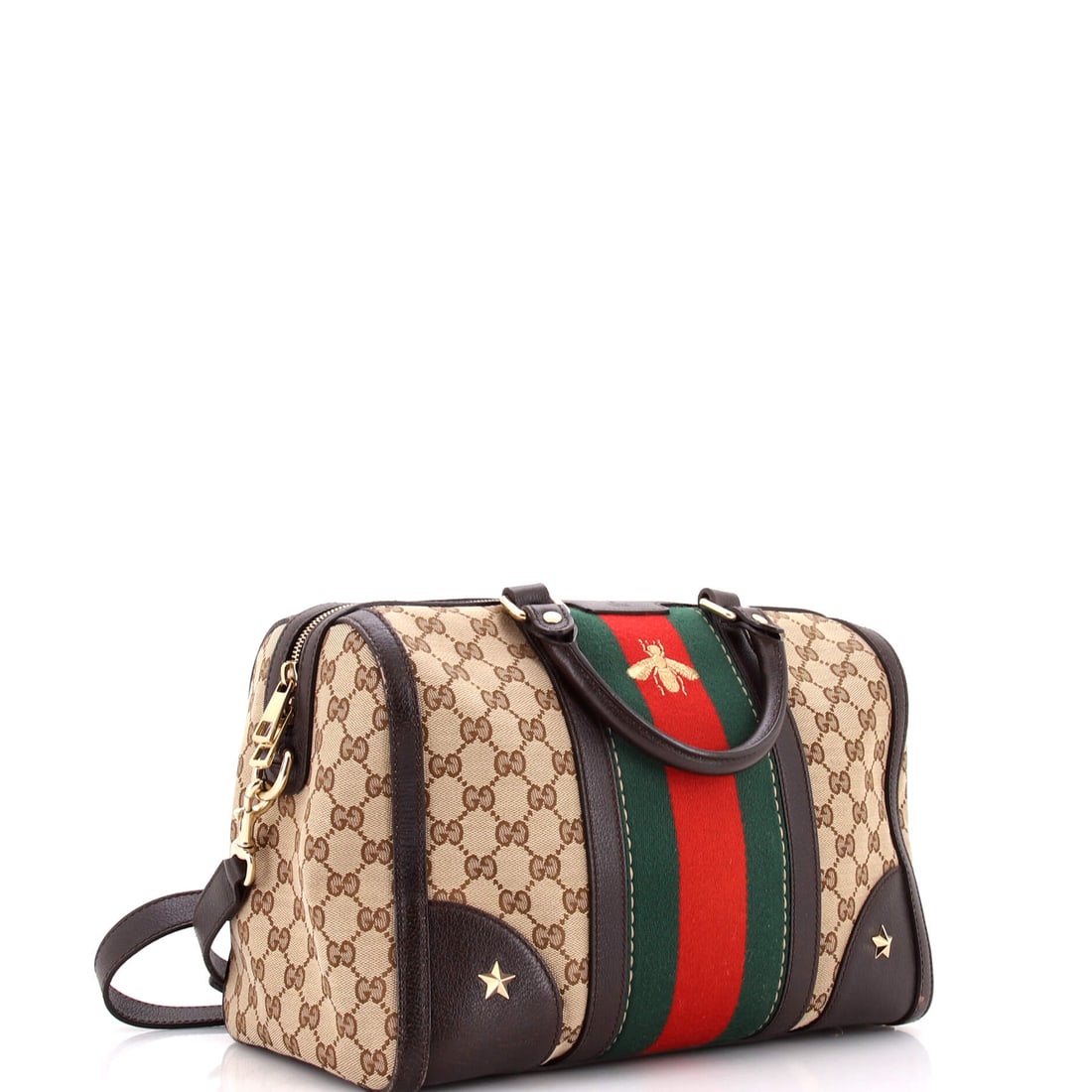 Gucci Vintage Bee Web Boston Bag GG Canvas Medium: What separates a great bag from an exceptional one? Provenance, material, and design. The Gucci Vintage Bee Web Boston Bag GG Canvas Medium in Brown excels in all three without appearing to try. Measu