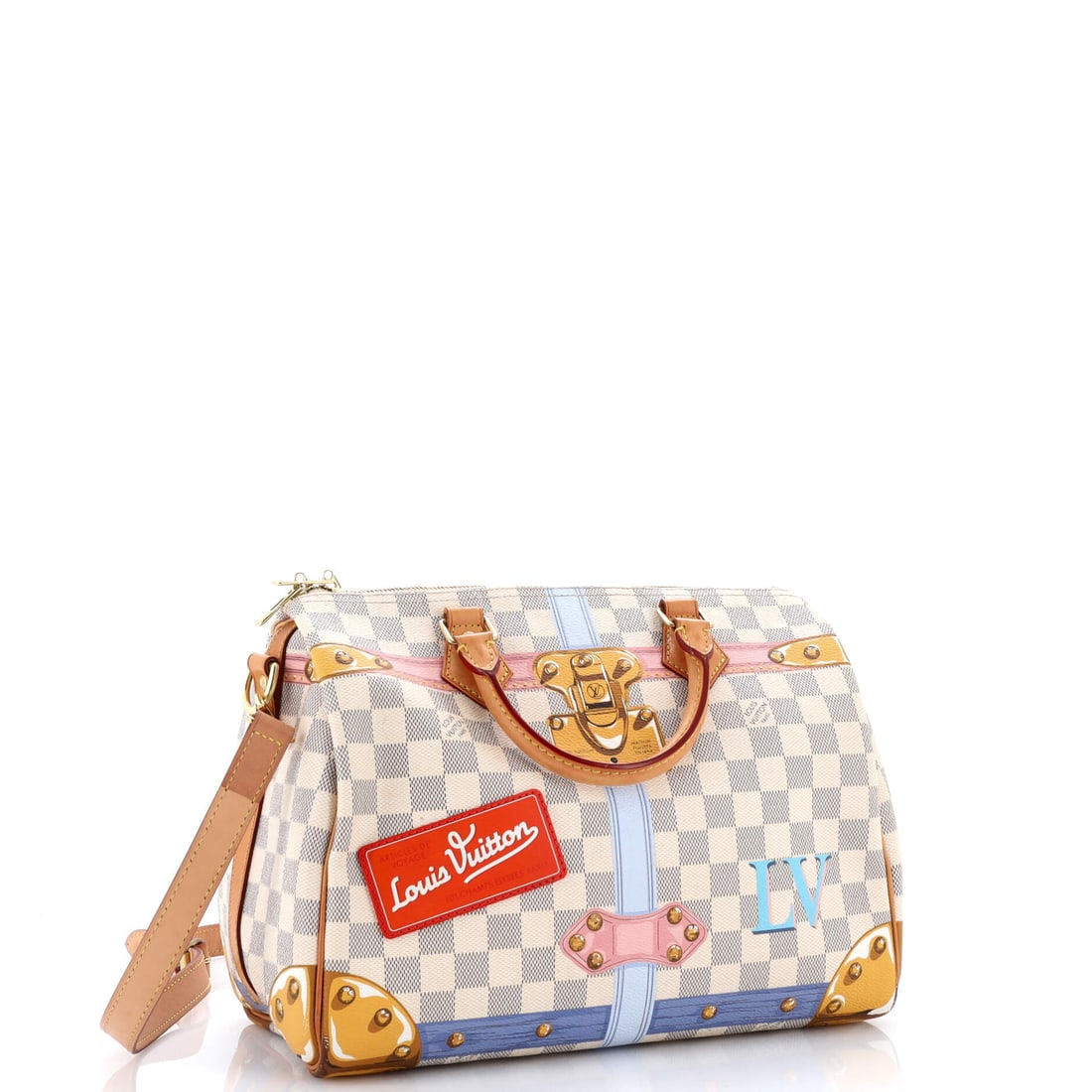 Louis Vuitton Speedy Bandouliere Bag Limited Edition Damier Summer Trunks 30: A Louis Vuitton Speedy Bandouliere Bag Limited Edition Damier Summer Trunks 30 in White does not require an occasion -- it creates one. This fine materials bag is the work of the iconic French fashion