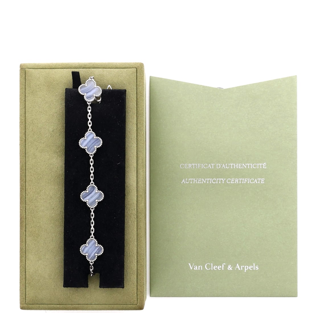 Van Cleef & Arpels Vintage Alhambra 5 Motifs Bracelet 18K White Gold and Chalcedony: Not every bracelet earns its reputation. The Van Cleef & Arpels Vintage Alhambra 5 Motifs Bracelet 18K White Gold and Chalcedony in White Gold has earned its many times over. Rendered in Gold, White G