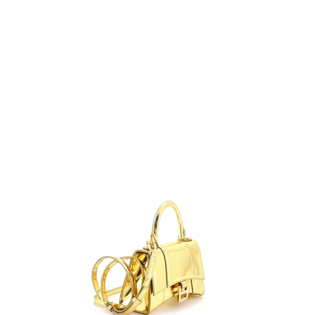 Balenciaga Hourglass Top Handle Bag Leather XS: Because subtlety is overrated. Balenciaga's beloved Hourglass Top Handle Bag Leather XS in Gold leather (size XS) -- a perennial favorite for good reason. At 5" x 7.5" x 3", this piece strikes the ide