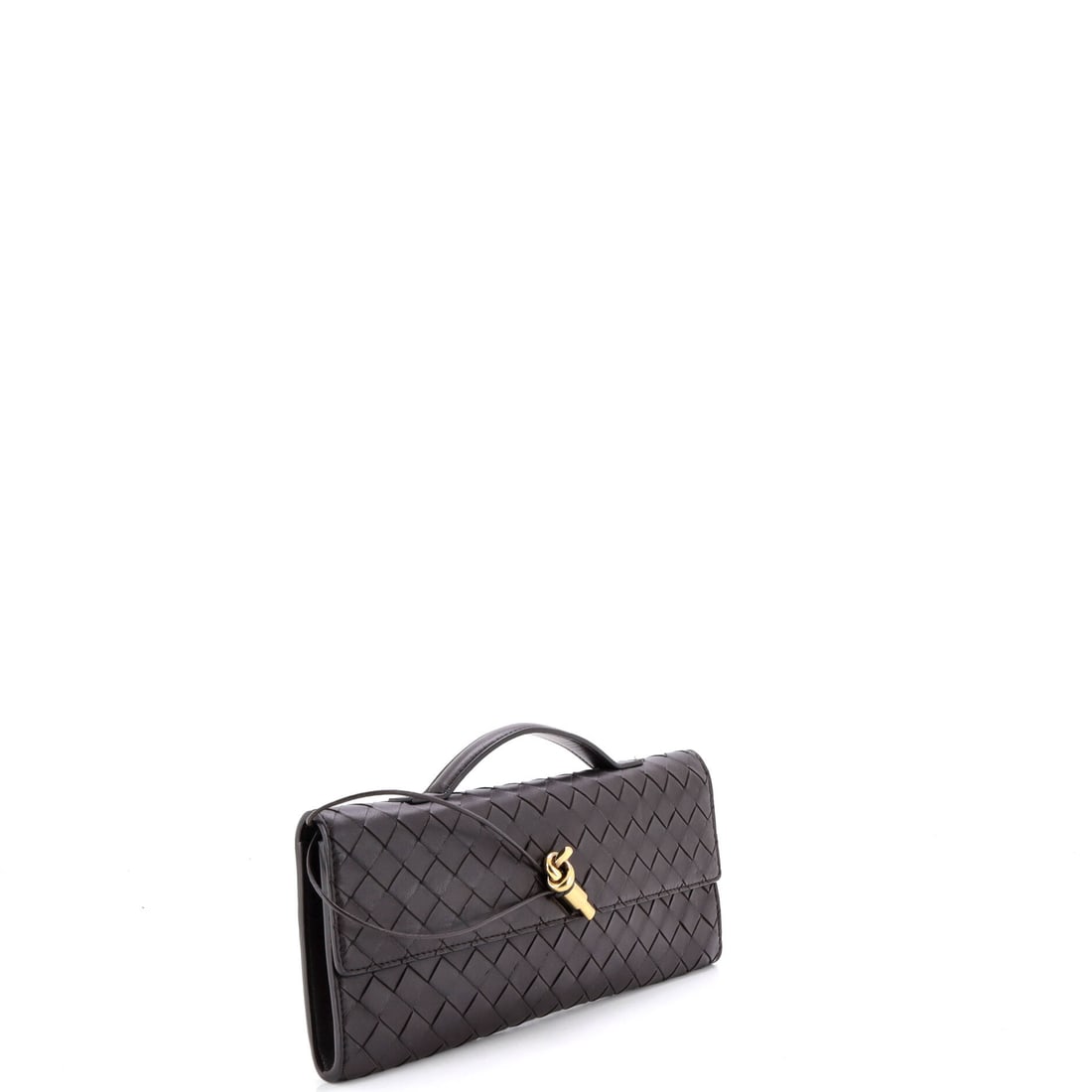Bottega Veneta Andiamo Top Handle Clutch Intrecciato Nappa Long: Fashion insiders know: this is the one. Meet the Bottega Veneta Andiamo Top Handle Clutch Intrecciato Nappa Long in Brown intrecciato -- as desirable as ever. At 5.5" x 12" x 1.5", this piece strikes