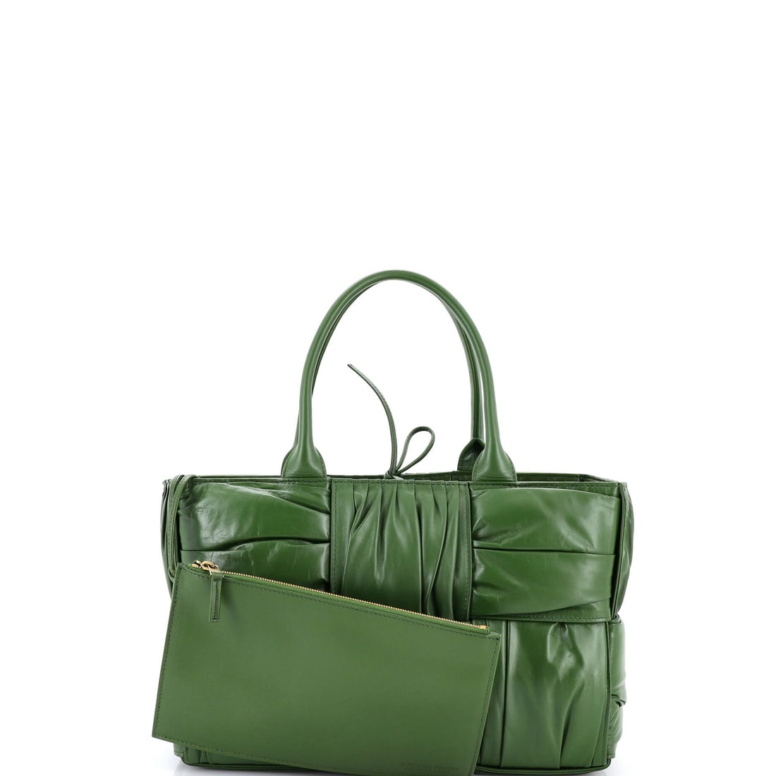 Bottega Veneta Arco Tote Maxi Intrecciato Plisse Leather Small: An exercise in refined taste. The Arco Tote Maxi Intrecciato Plisse Leather Small by Bottega Veneta in Green leather intrecciato (size Small) needs no embellishment. Measuring 8" H x 12" W x 5" D, it'